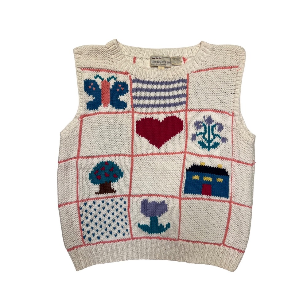 Vintage The Eagle's Eye Hand Knit Cotton Patchwork Sweater Vest Heart House XS